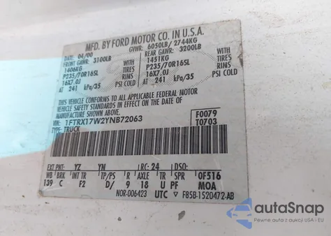 2000 Ford F-150 Lariat/Work Series/Xl/Xlt from USA, damaged, VIN 1FTRX17W2YNB72063